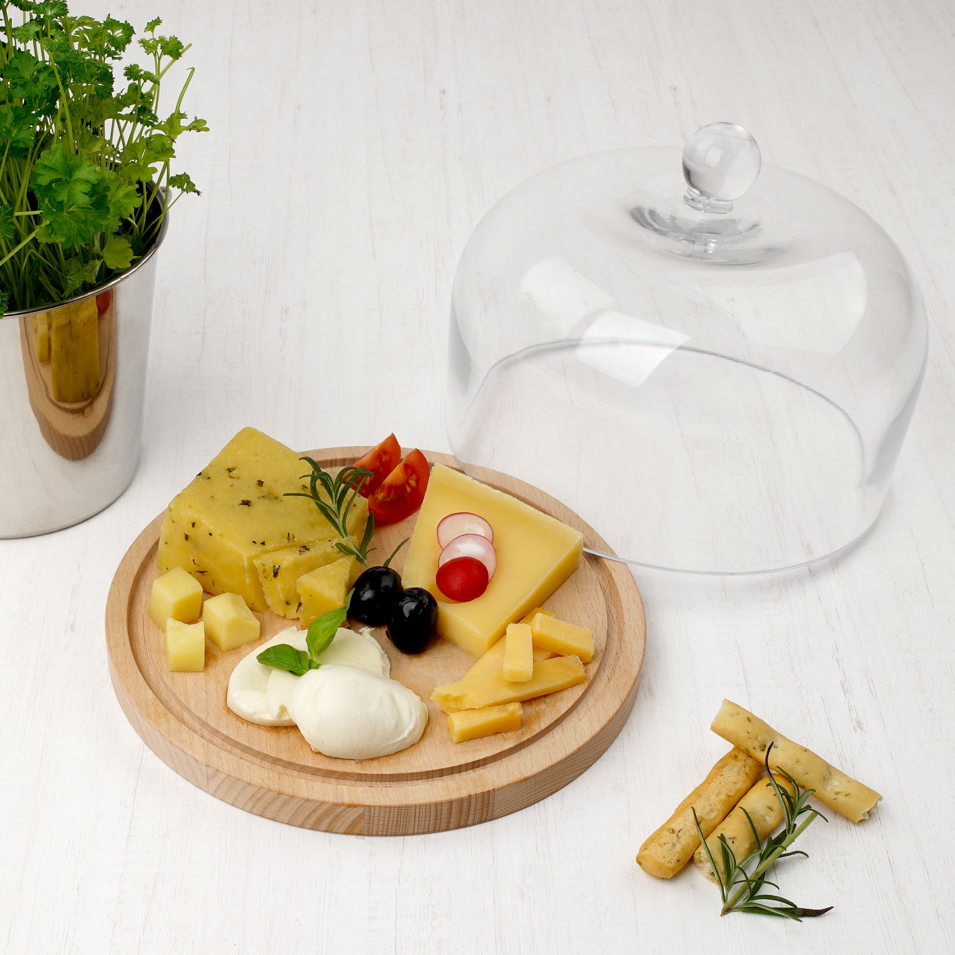 Tagliere formaggi in legno di faggio con coperchio cupola in vetro, Linea  Eco