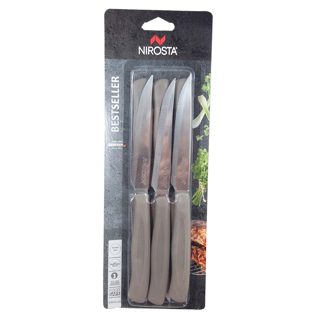 Set da 6 coltelli da tavola a lama in acciaio Inox seghettata con punta,  lunghezza 10 cm